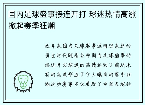 国内足球盛事接连开打 球迷热情高涨掀起赛季狂潮 国内足球盛事接连开打 球迷热情高涨掀起赛季狂潮