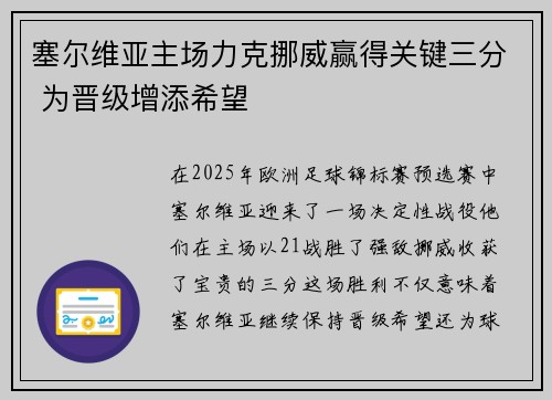 塞尔维亚主场力克挪威赢得关键三分 为晋级增添希望 塞尔维亚主场力克挪威赢得关键三分 为晋级增添希望