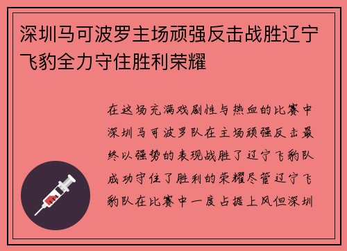 深圳马可波罗主场顽强反击战胜辽宁飞豹全力守住胜利荣耀 深圳马可波罗主场顽强反击战胜辽宁飞豹全力守住胜利荣耀